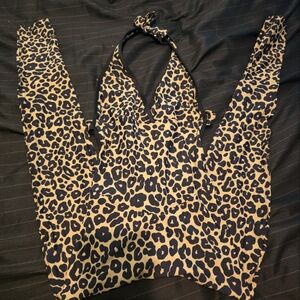 Leopard Print Halter Jumpsuit Romper - Black & Cream